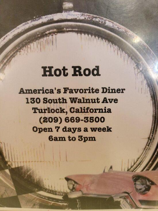 Menu at Hot Rod Diner restaurant, Turlock