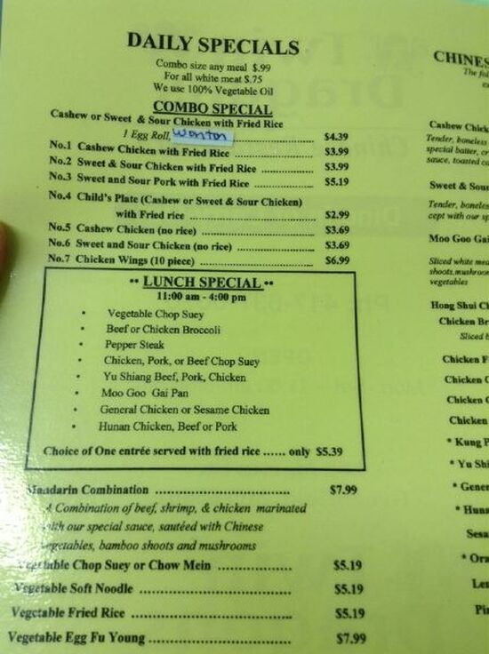 Menu at Twin Dragon restaurant, Greenfield