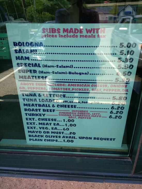 Menu at Roland's Sub Shop restaurant, Dover