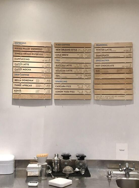 Menu at Blue Bottle Coffee restaurant, New York City, 76 N 4th St Store A