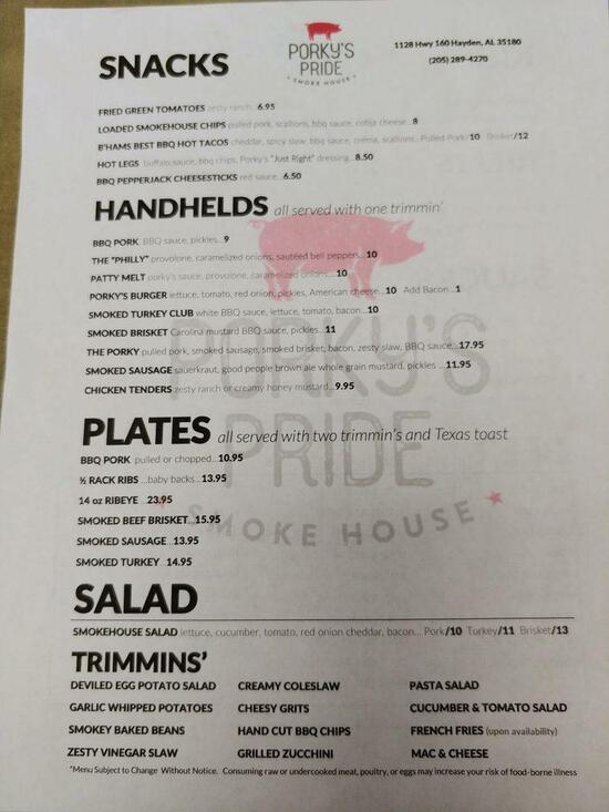 Menu at Porky's Pride Smokehouse BBQ, Warrior, AL160 suite B
