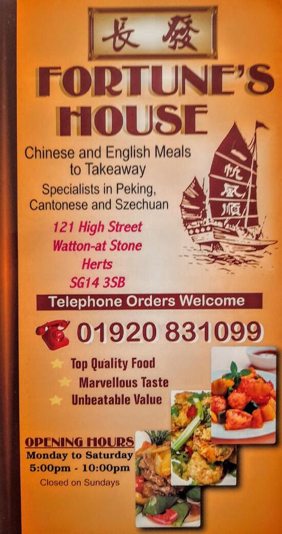 Menu at Fortune's House Chinese fast food, Watton at Stone