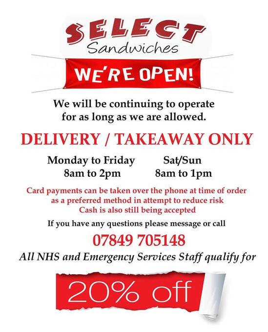 Menu at Select Sandwiches cafe, Widnes