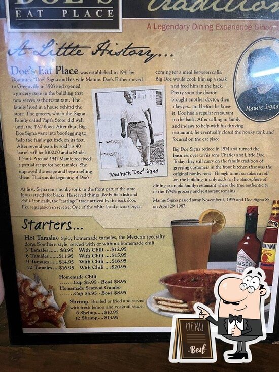 Menu at Doe's Eat Place steakhouse, Jackson