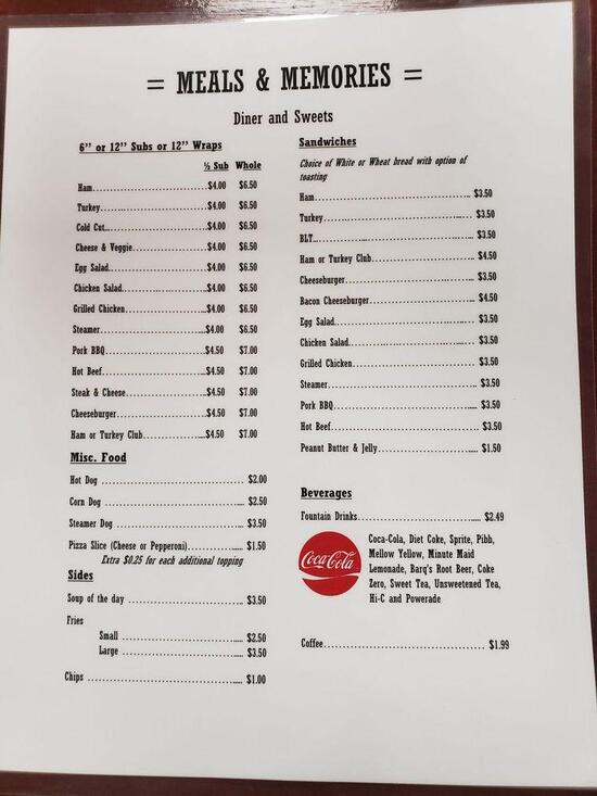 Menu at Meals and Memories pizzeria, Clear Spring