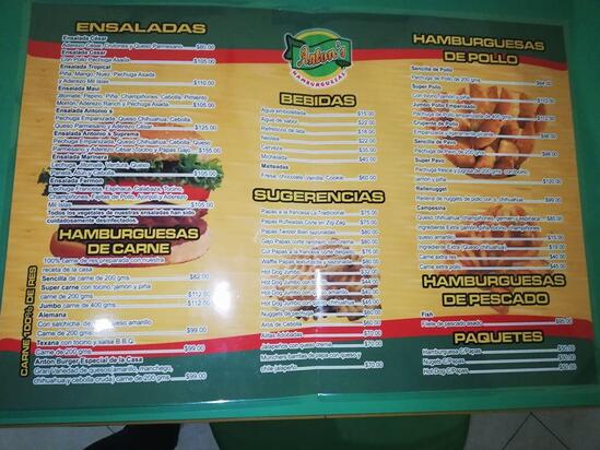 Menu at Anton's hamburguesas restaurant, Naucalpan, Río Misisipi 65-D