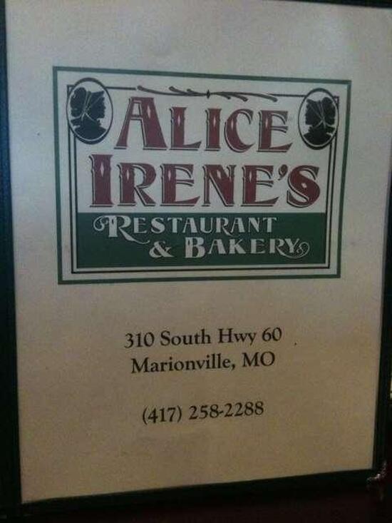 Menu at Alice Irene's Restaurant, Marionville