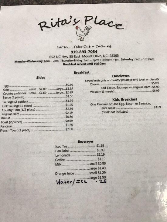 Menu at Rita's Place BBQ, Mount Olive