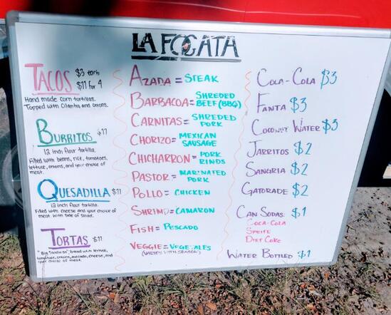 Menu At La Fogata Food Truck Restaurant Charleston