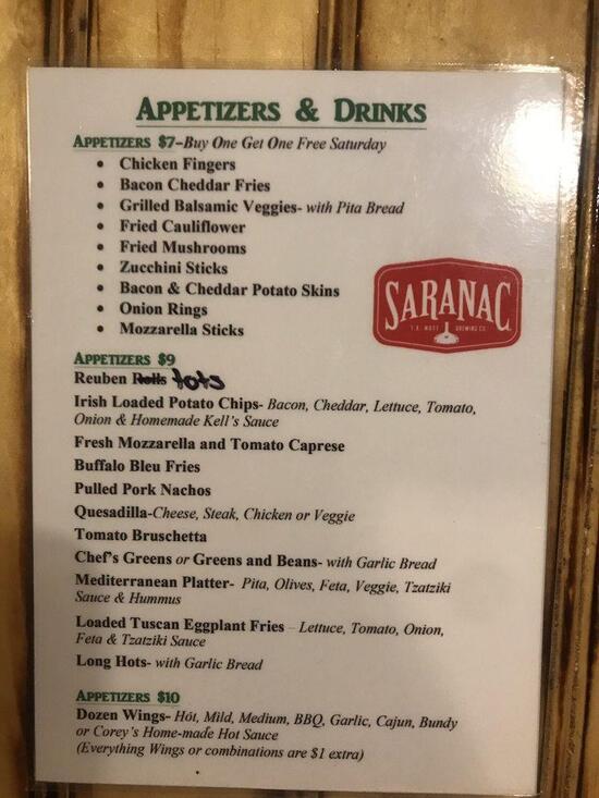 Menu at Packy's Pub, Washington Mills
