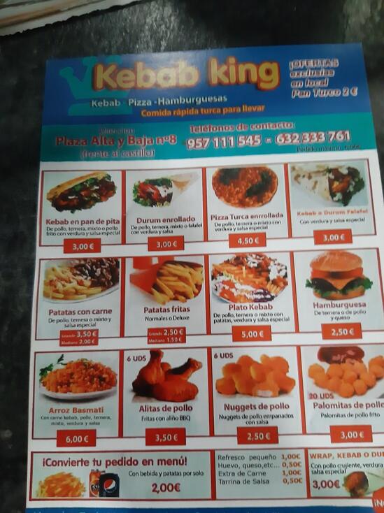 Carta del restaurante Kebab King, Lucena