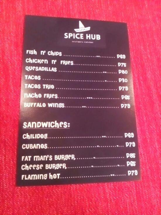 Menu at Spice Hub restaurant, Santo Tomas