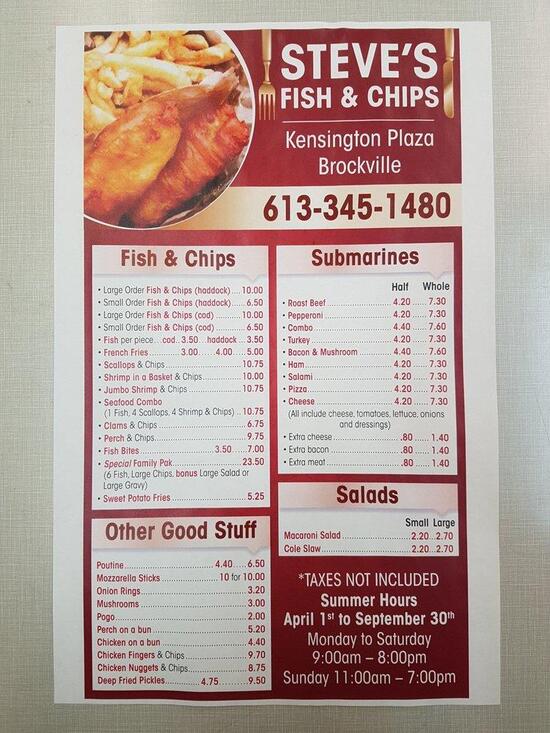 Menu at Steve's Fish & Chips restaurant, Brockville, Kensington Pkwy