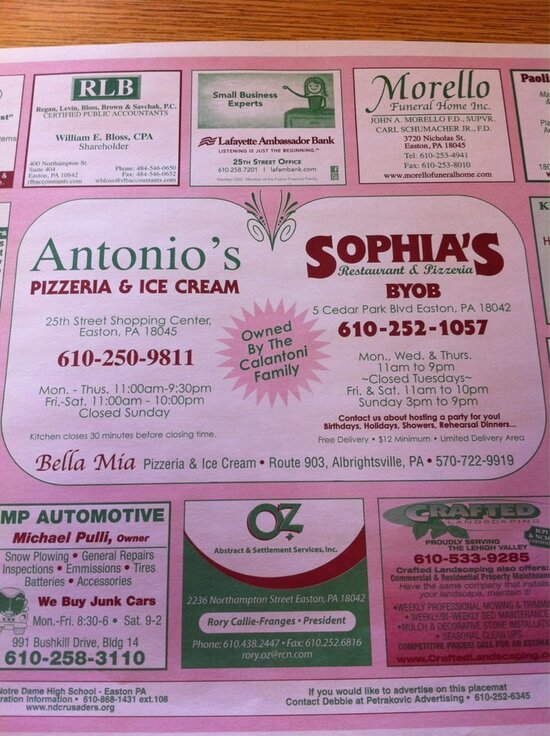 Menu at Antonio's Pizzeria & Ice Cream, Easton