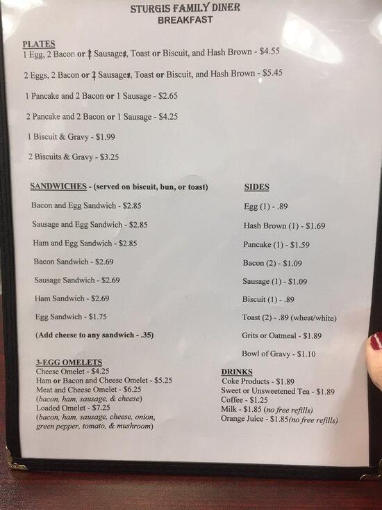 Menu at Sturgis Family Diner restaurant, Sturgis