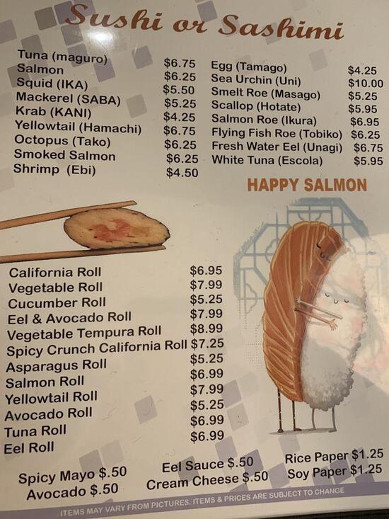 Carta del restaurante Happy Salmon, Safety Harbor