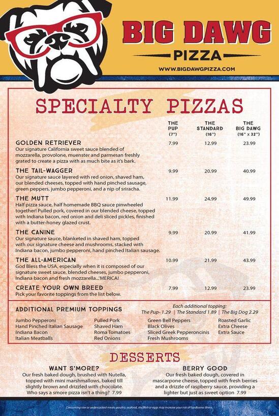 Menu at Big Dawg Axe Throwing & Pizza restaurant, Noblesville