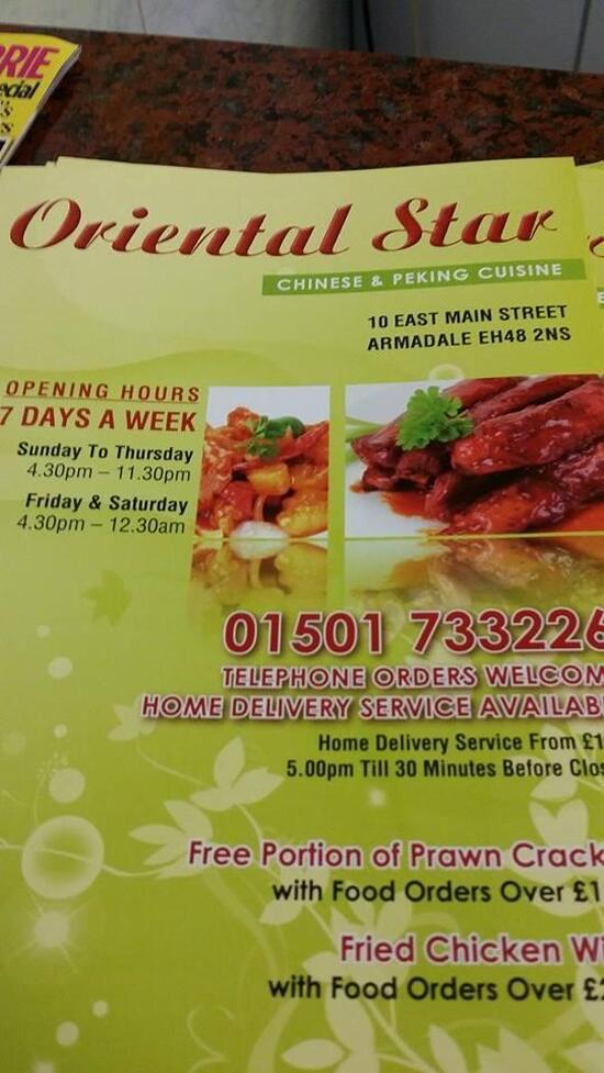 Menu at Oriental Star fast food, Bathgate