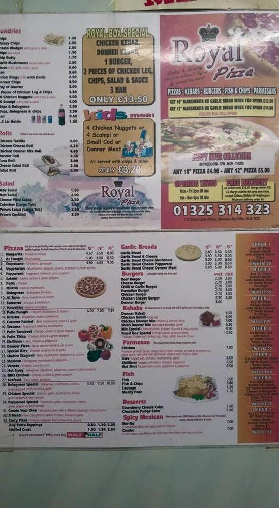 Menu at Royal Pizza fast food, Newton Aycliffe