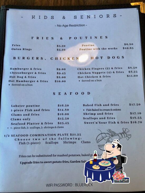Seashore Restaurant & Blue Rock Lounge in Meteghan Restaurant menu