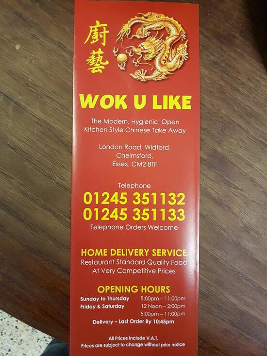 Carta de comida rápida Wok U Like, Chelmsford