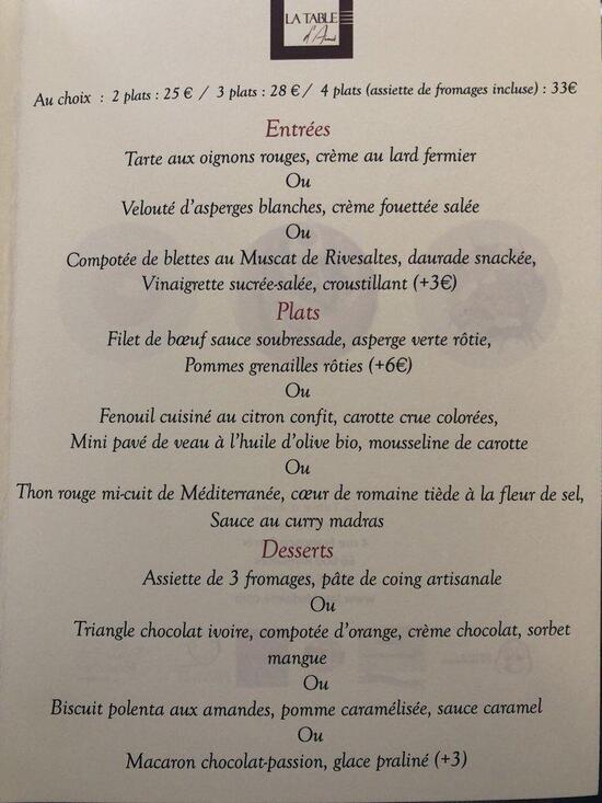 Menu at La Table d'Aimé restaurant, Rivesaltes