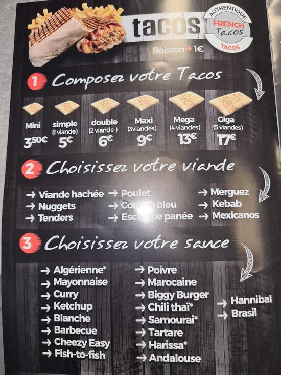 Menu at French Tacos restaurant, Liévin