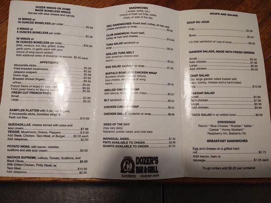 Menu at Dozer's pub & bar, Ballston Spa