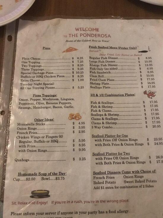 Menu at Ponderosa restaurant, Acushnet