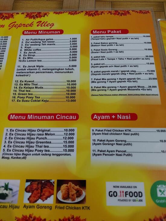 Menu at Ayam geprek uleg restaurant, Semarang