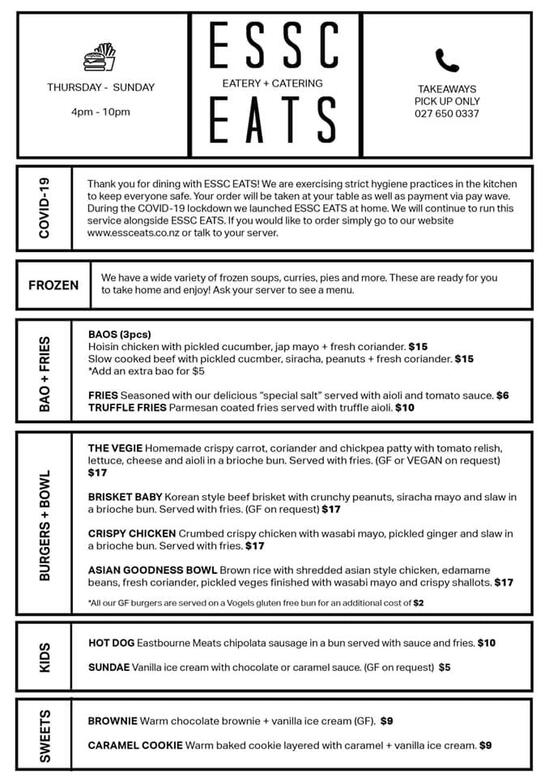 Menu at ESSC EATS restaurant, Lower Hutt