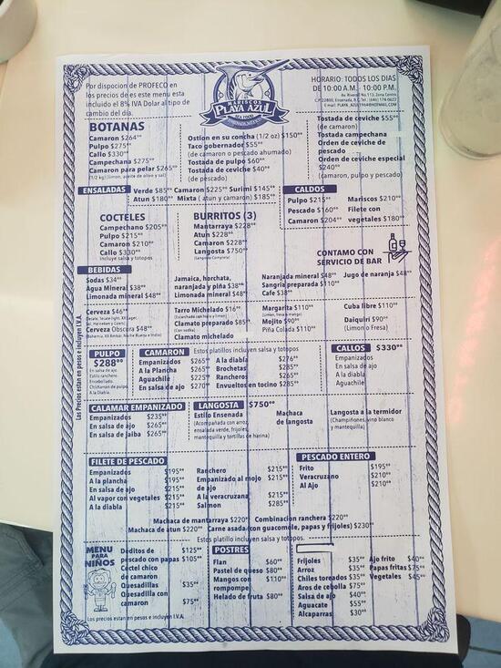 Carta de Restaurante Mariscos Playa Azul, Ensenada, Av. Riveroll 113