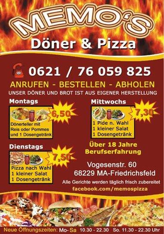 Speisekarte von Memo Döner restaurant, Mannheim, Kolmarer Str. 4