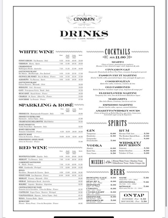 Carta del restaurante Cinnamon Ballsbridge, Dublin