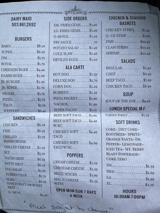 Menu at Dairy Maid fast food, Warrenton