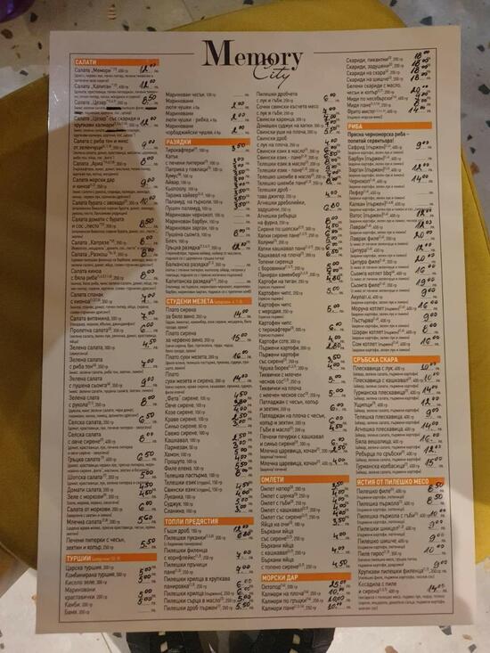 Menu at Memory City restaurant, Nessebar