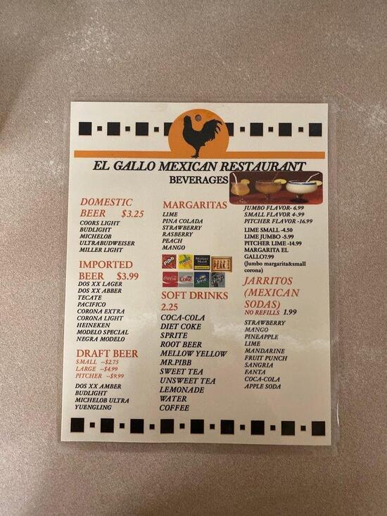 Menu at El Gallo Mexican Restaurant, USA, 282 Skidmore Ln