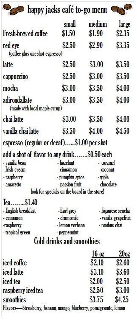 Menu at Happy Jacks cafe, Gloversville