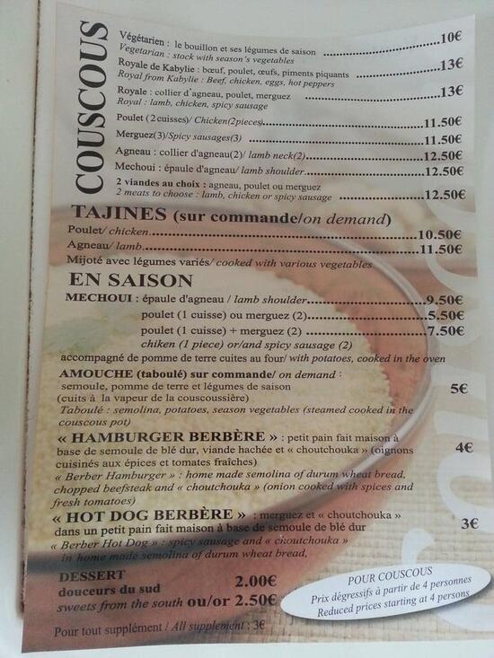 Menu at La Couscoussière d'Hocine restaurant, JardsurMer, 34 Rue de l