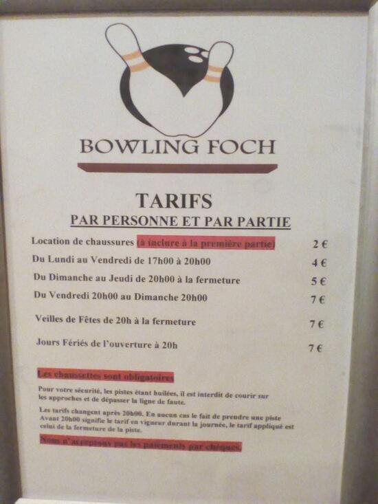 Menu at Bowling Foch restaurant, Paris