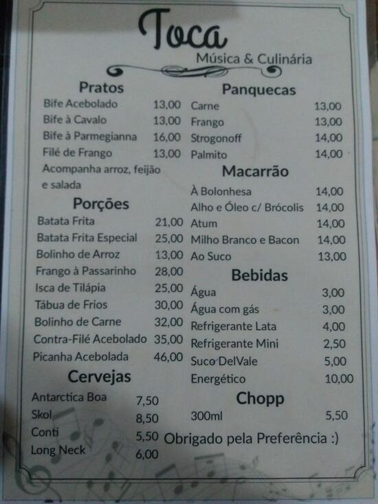 Carta de Toca bar e restaurante Caarapó