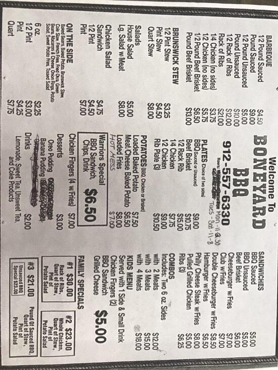Menu at Boneyard BBQ, Reidsville