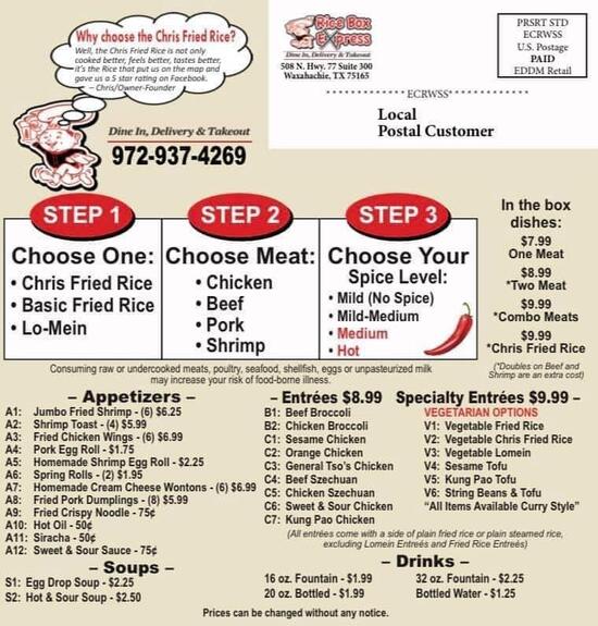 Menu at Rice House Express Waxahachie restaurant, Waxahachie, 508 N Hwy 77