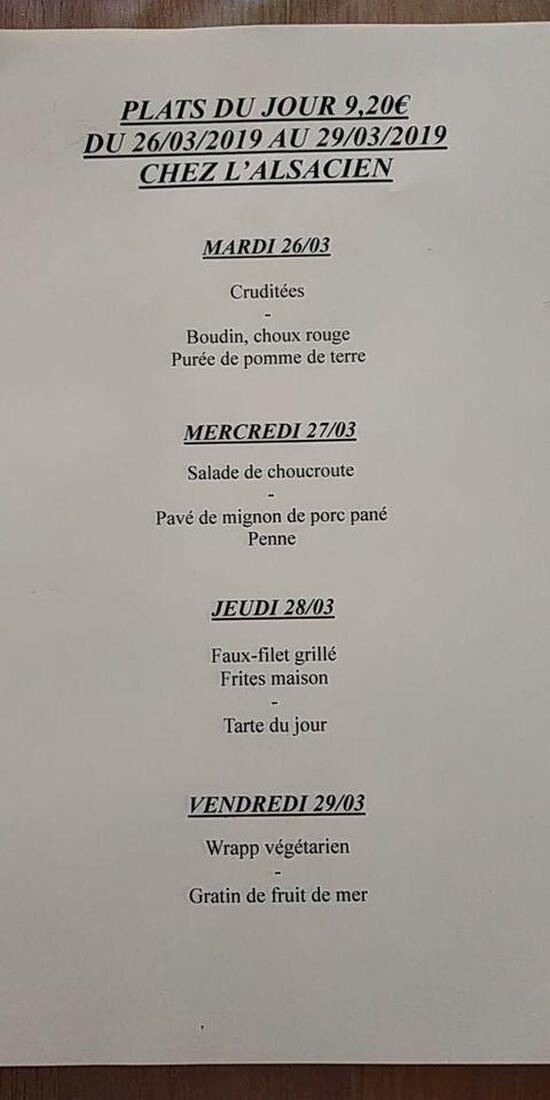 Menu at Chez l'Alsacien restaurant, Lommerange