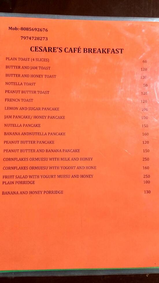 Menu at Cesare's Cafè, Canacona