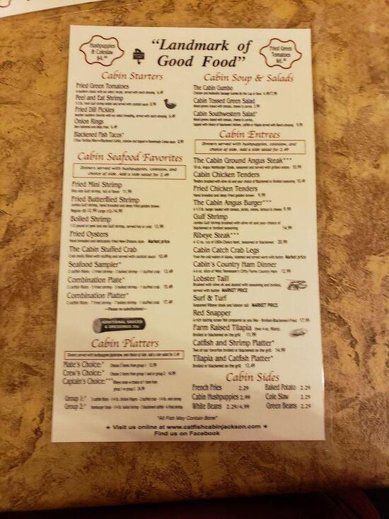 Menu at Catfish Cabin restaurant, Jackson, S Highland Ave