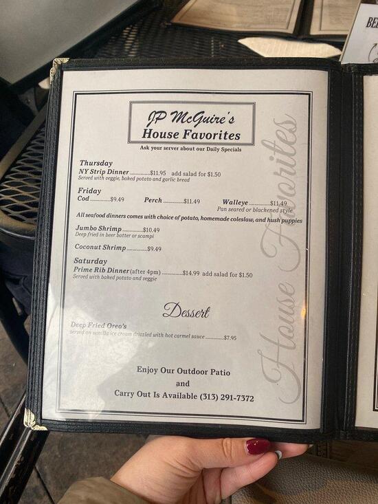 Menu at JP McGuire's Bar and Restaurant, Taylor