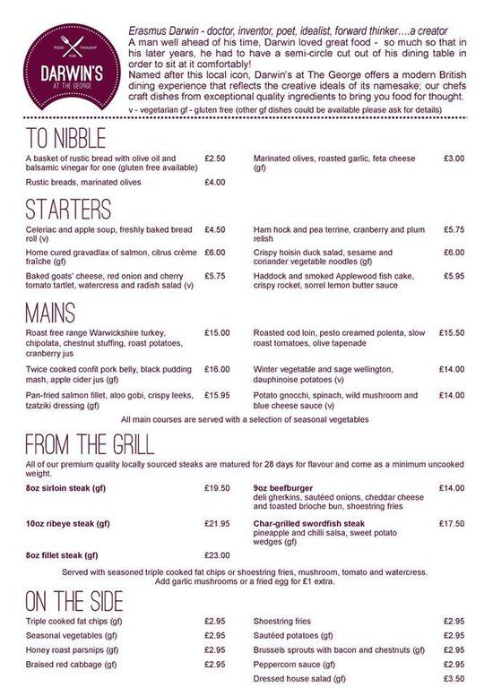 Menu at Darwin's at The George restaurant, Lichfield