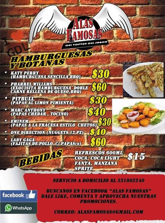 Menu at Alas famosas restaurant, Zapopan