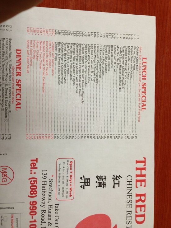 Menu at Ming Wang Red Apple restaurant, New Bedford